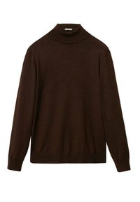 Maglione a collo alto marrone realizzato in morbido tessuto a maglia, con maniche lunghe e una silhouette aderente. Finitura testurizzata su tutta la superficie.