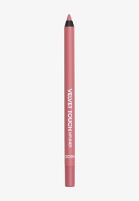 Matita per labbra rosa con punta affilata e finitura opaca liscia. Il testo dice "TOCCO VELLUTATO" in bianco. Forma cilindrica elegante.