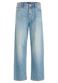 Jeans in denim azzurro chiaro a gamba dritta con chiusura a bottone e cerniera, tasche frontali e passanti per cintura, marchiati in vita.