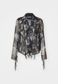 Průhledná černá blůza s volánovými okraji, zdobená koláží monochromatických potisků, krajkovými akcenty a dlouhými rukávy. Značka: Versace Jeans Couture.