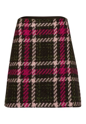 Mieszankowa mini spódnica wełniana w teksturowany wzór kratki w ciemnozielonym, różowym i beżowym kolorze z czarnym paskiem w talii.