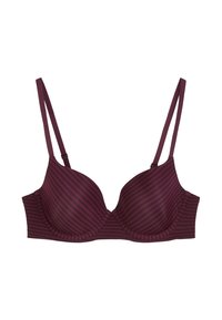 Bordeauxfarbenes BH mit vertikalen Streifen, gepolsterten Cups und verstellbaren dünnen Trägern. Glatte Textur mit nahtlosem Design und subtilen Stickdetails.