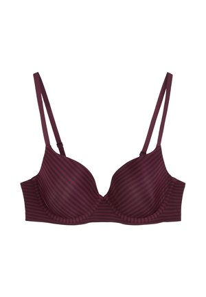 Bordeauxfarbenes BH mit vertikalen Streifen, gepolsterten Cups und verstellbaren dünnen Trägern. Glatte Textur mit nahtlosem Design und subtilen Stickdetails.