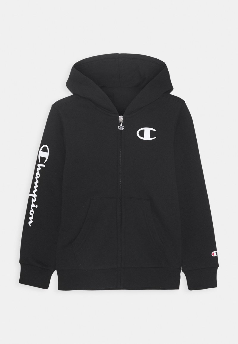 Sweat à capuche noir à fermeture éclair avec poches avant, logo Champion blanc sur la poitrine et la manche gauche, et petit logo sur le poignet droit.