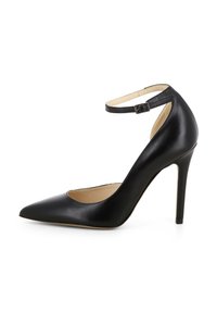 Décolleté nera in pelle con punta affusolata, cinturino alla caviglia e design elegante. Il tacco misura circa 10 cm di altezza.