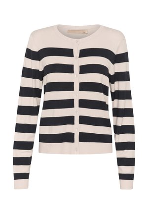 Randig cardigan i mjukt stickat tyg, med horisontella svart och krämfärgade ränder, rundad halsringning och knappstängning fram.