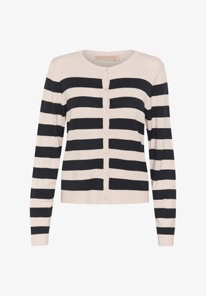 Svītrainā kardigāna izgatavots no mīksta adījuma auduma, ar horizontālām melnām un krēmkrāsas svītrām, noapaļotu kakla izgriezumu un pogu aizdari priekšpusē.