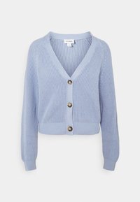 Ljust blå, kortärmad cardigan gjord av ribbads jersey, med V-ringning, långa ärmar och tre knappstängningar framtill.