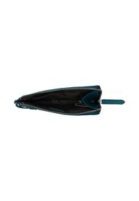 Teal leather wallet with a zip closure, featuring a black interior, card slots, and a small loop for a keychain or charm attachment.
