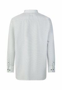 Weißes langärmliges Hemd mit Knöpfen und kleinem schwarzen Punktmuster, von hinten gezeigt mit geknöpften Manschetten und klassischem Kragen.