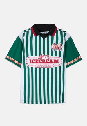Green and white striped polo shirt with black collar. Features "ICECREAM SUPPLIES" in red, logo patch, and red accents on sleeves.