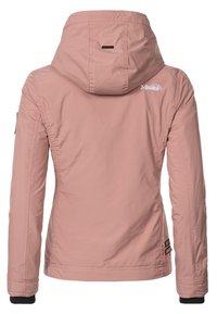 Lichtroze jack met een capuchon, voorzien van een zachte textuur, elastische mouwen en een logodetail. Ontworpen voor gebruik buitenshuis.