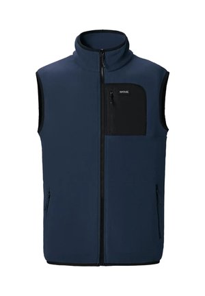 Gilet senza maniche in pile blu navy con cerniera frontale, tasca sul petto con zip nera e due tasche laterali con zip.