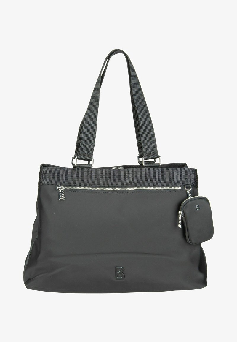 Sac cabas noir en matériau durable, équipé de deux anses, d'une fermeture éclair supérieure, d'une poche avant zippée et d'une petite pochette amovible.