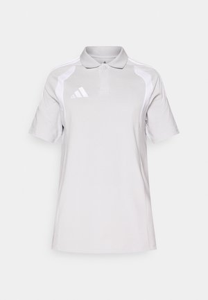 Light gray polo shirt made of breathable fabric, featuring a collar, short sleeves, white side accents, and a small branded logo on the chest.