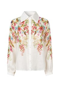 Floral button-up shirt in white fabric with colorful floral print; features a classic collar and long sleeves with elastic cuffs.