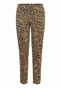 Pantalons en imprimé léopard dans une palette de couleurs beige et noir, avec une taille élastique et une coupe ajustée, offrant une texture de tissu douce.