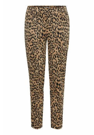 Pantalons en imprimé léopard dans une palette de couleurs beige et noir, avec une taille élastique et une coupe ajustée, offrant une texture de tissu douce.