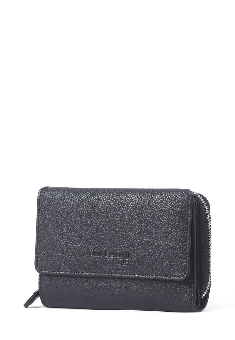 Läderplånbok i mörkblått med en strukturerad yta, zippered fack och en vikbar klaff med präglad branding på framsidan.