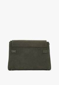 Olive green suede clutch with a fold-over flap, minimal stitching, and a small rectangular accent label on the side. Smooth texture.