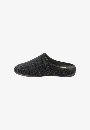 Chaussons tissés noirs avec un motif à carreaux, bout arrondi et design à dos ouvert. Doublure intérieure douce et semelle en caoutchouc pour le confort.