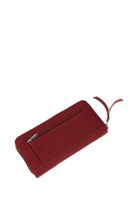Red fabric wallet with a smooth texture, rectangular shape, featuring a zippered pocket and two leather accents at the top.