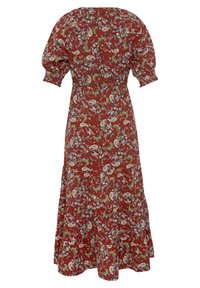 Rotes Blumen-Midi-Kleid mit Puffärmeln, gerüschtem Oberteil und schichteten Rock. Es hat ein Paisleymuster in grünen, gelben und weißen Akzenten.
