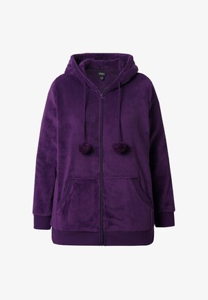 Violetti fleece-zip-up huppari, jossa on kaksi etutaskua, nauhat pom-pomeilla ja huppu. Pehmeä tekstuuri, jossa on ribatut hihansuut ja helma.