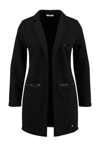 Black blazer with a tailored design, long sleeves, notched collar, and decorative sequin details on pockets. Soft, smooth texture.