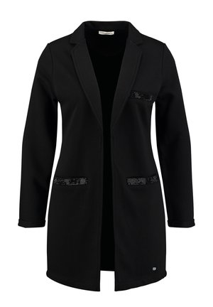 Black blazer with a tailored design, long sleeves, notched collar, and decorative sequin details on pockets. Soft, smooth texture.