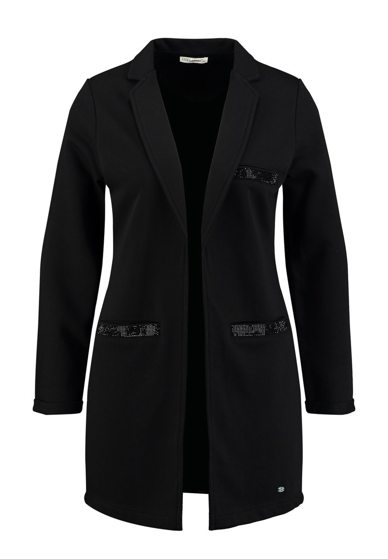 Black blazer with a tailored design, long sleeves, notched collar, and decorative sequin details on pockets. Soft, smooth texture.