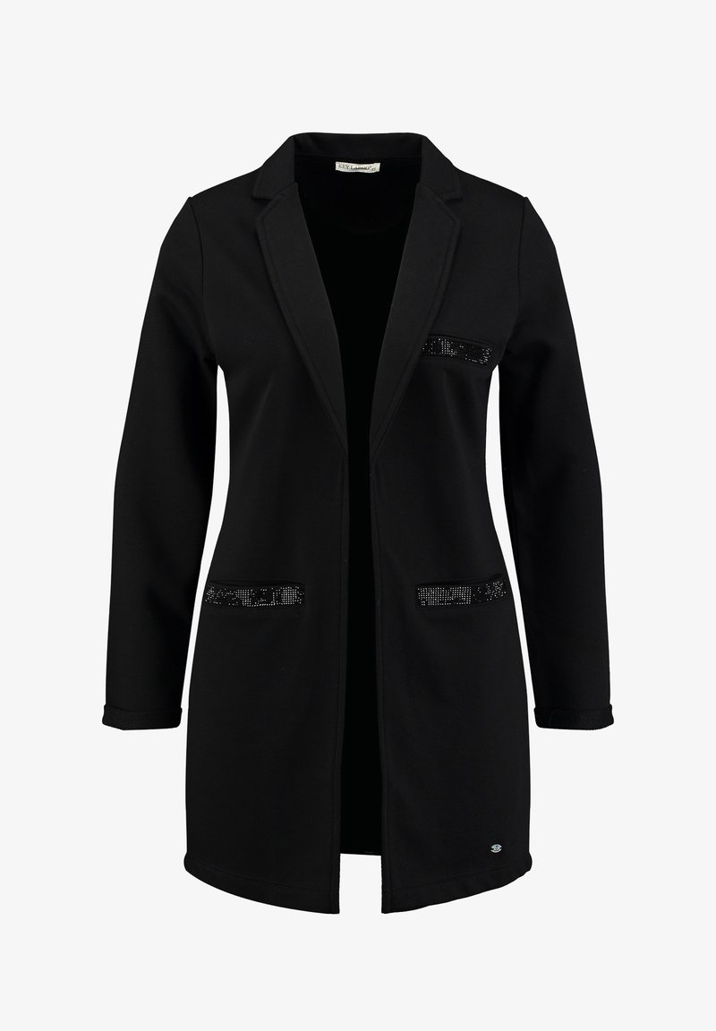 Black blazer with a tailored design, long sleeves, notched collar, and decorative sequin details on pockets. Soft, smooth texture.