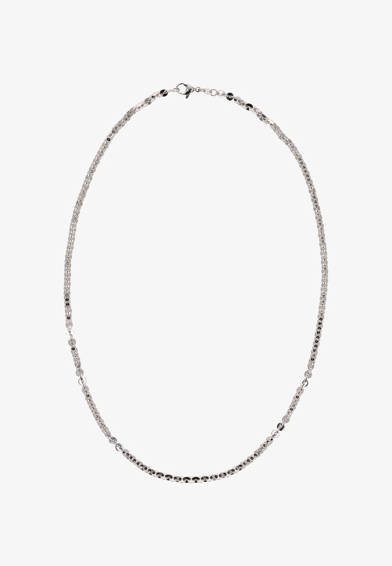 Srebrny łańcuszek na szyję z naprzemiennie polerowanymi i teksturowanymi ogniwami, z zapięciem na karabińczyk. Prosty, elegancki design w formie ciągłej pętli.
