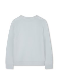 Sweatshirt azul claro com decote redondo, mangas longas e punhos canelados. Textura suave, sem padrões visíveis ou detalhes de hardware.