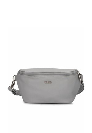 Graue Leder-Bauchtasche mit Reißverschluss, verstellbarem Riemen und Metall-Logo der Marke auf der Vorderseite in der Mitte.