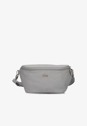 Graue Leder-Bauchtasche mit Reißverschluss, verstellbarem Riemen und Metall-Logo der Marke auf der Vorderseite in der Mitte.