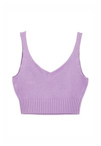 Bralette in maglina viola con design a V, spalline larghe e banda inferiore a coste. Il materiale appare morbido ed elasticizzato.