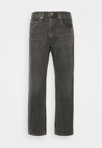 Black denim jeans with a straight leg cut, featuring five pockets, visible stitching, and a classic button-and-zip fly closure.