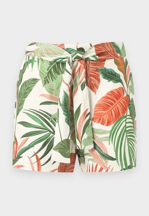 Kratke hlače s visokim strukom i povezom, s šarenim tropskim uzorkom listova u zelenoj i narančastoj boji na bijeloj pozadini.