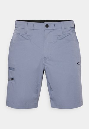 Svetlo šedé šortky vyrobené z hladkej látky. Obsahujú dve predné vrecká, bočné vrecko so zipsom a čierny pás. Neformálny dizajn.