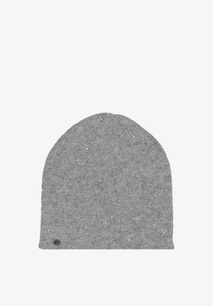 Gray beanie hat with a soft, textured fabric, featuring subtle sparkles and a rounded top. Small logo accent near the lower edge.
