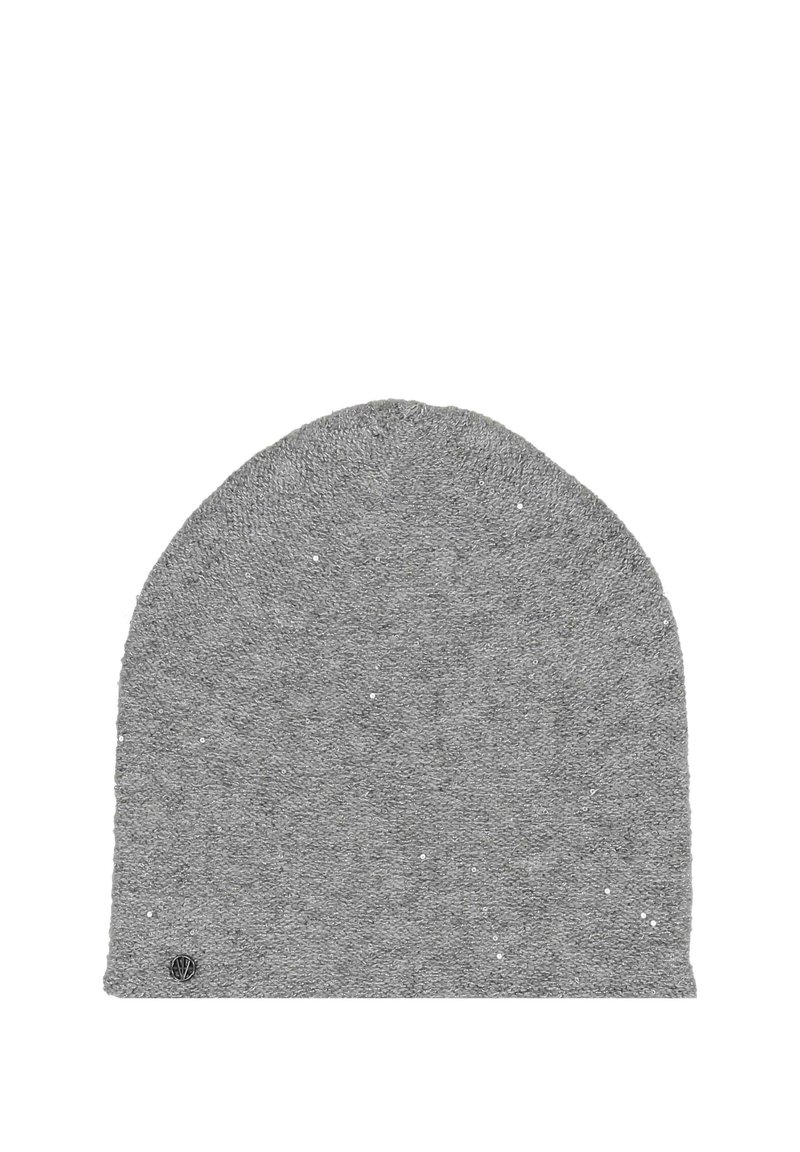 Gray beanie hat with a soft, textured fabric, featuring subtle sparkles and a rounded top. Small logo accent near the lower edge.