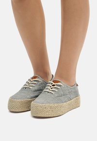 Scarpe platform in tessuto grigio con superficie texturizzata e lacci crema. La suola in iuta intrecciata conferisce altezza. Accento in pelle sul tallone.
