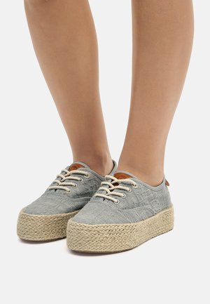 Chaussures à plateforme en tissu gris avec une surface texturée et des lacets crème. La semelle en jute tissée ajoute de la hauteur. Accent en cuir au talon.