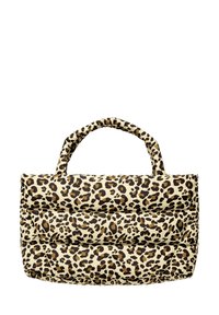 Leopard print handbag with a cream and brown color scheme, padded texture, two handles, and a rectangular shape.