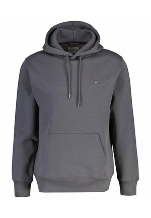 Dunkelgrauer Hoodie mit Kängurutasche vorne, verstellbarem Kordelzug an der Kapuze, gerippten Bündchen und kleinem besticktem Schild-Logo auf der Brust.