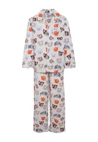 Pyjama set s košilí na knoflíčky a odpovídajícími kalhotami, zdobený celoplošným potiskem různých zvířecích tváří v živých barvách na světlém pozadí.