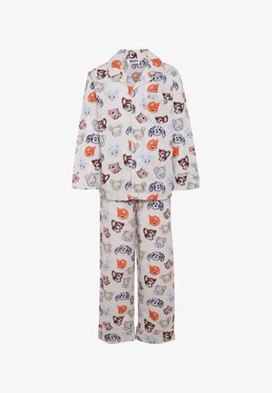 Pyjamasett med skjorta med knappar och matchande byxor, med en tryckt helmönstring av olika djuransikten i livliga färger på en ljus bakgrund.