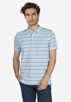 Hellblaues Poloshirt mit horizontalen dunkel gestreiften Mustern, kurzen Ärmeln und klassischem Kragen. Aus einem glatten Stoff gefertigt. Subtiles Logo auf der Brust.