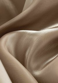Mäkká, hladká hodvábna látka svetlohnedej farby s jemným leskom, s jemnou textúrou a jemne padajúcimi záhybmi.
